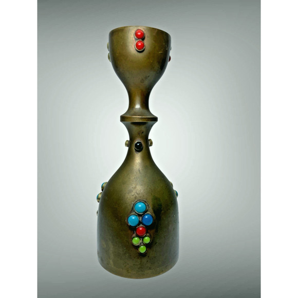 Brass Candlestick Embellished Stones India Hippie Boho 1970's - Picture 1 of 7
